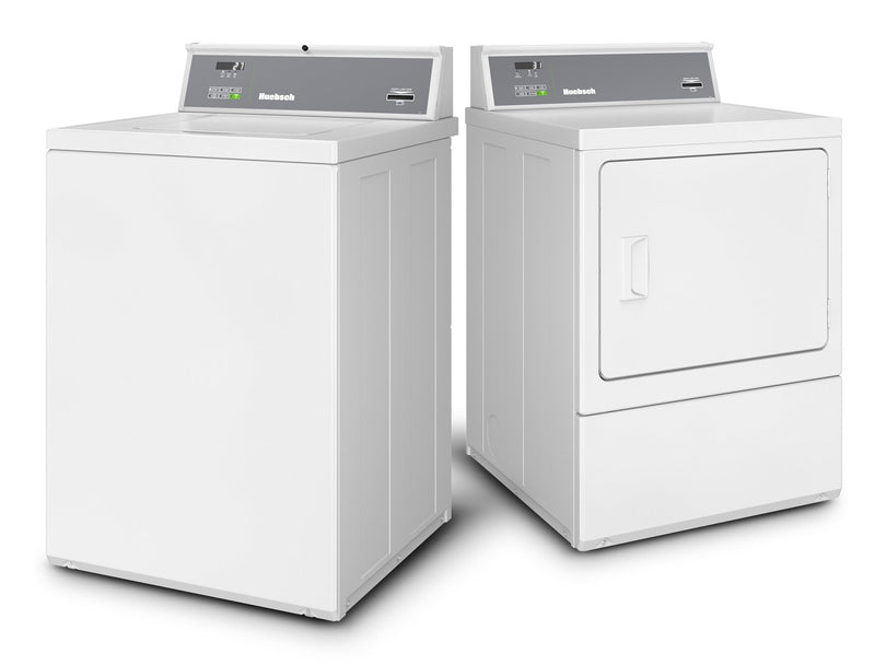 Laveuse commerciale à chargement par le haut de 3,19 pi3 avec compatibilité avec les cartes et sécheuse électrique de 7 pi3 de Huebsch - blanches