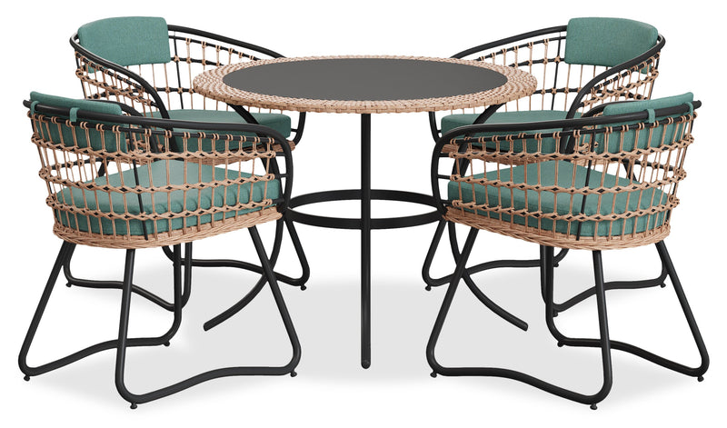 Ensemble Ibiza de Kort & Co. 5 pièces pour la terrasse à l’extérieur avec table ronde et 4 chaises - osier en résine tressé à la main, dessus de table en verre noir, résistant aux rayons UV et aux intempéries - gris foncé, naturel et vert