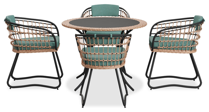 Ensemble Ibiza de Kort & Co. 5 pièces pour la terrasse à l’extérieur avec table ronde et 4 chaises - osier en résine tressé à la main, dessus de table en verre noir, résistant aux rayons UV et aux intempéries - gris foncé, naturel et vert