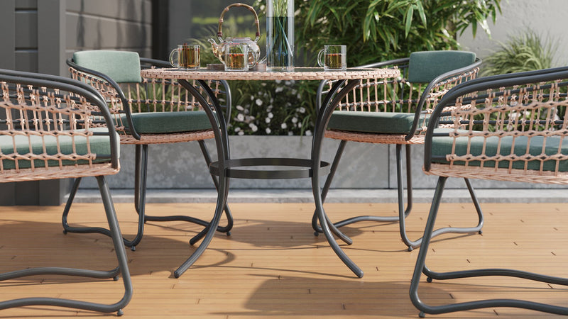Ensemble Ibiza de Kort & Co. 5 pièces pour la terrasse à l’extérieur avec table ronde et 4 chaises - osier en résine tressé à la main, dessus de table en verre noir, résistant aux rayons UV et aux intempéries - gris foncé, naturel et vert