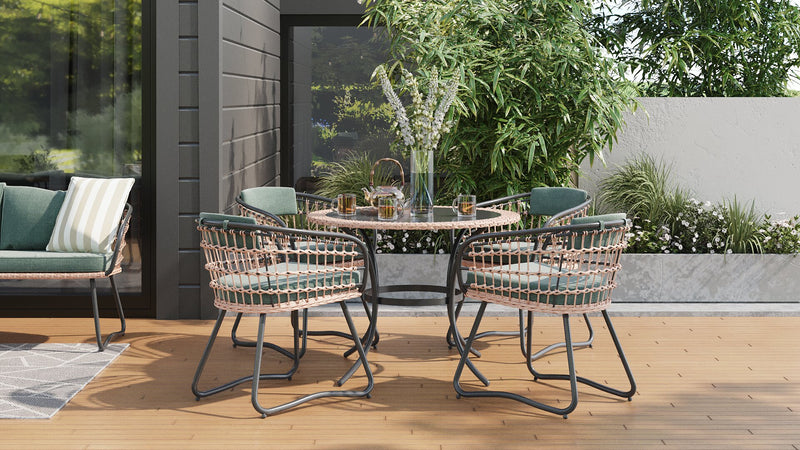 Ensemble Ibiza de Kort & Co. 5 pièces pour la terrasse à l’extérieur avec table ronde et 4 chaises - osier en résine tressé à la main, dessus de table en verre noir, résistant aux rayons UV et aux intempéries - gris foncé, naturel et vert