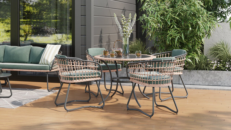 Ensemble Ibiza de Kort & Co. 5 pièces pour la terrasse à l’extérieur avec table ronde et 4 chaises - osier en résine tressé à la main, dessus de table en verre noir, résistant aux rayons UV et aux intempéries - gris foncé, naturel et vert