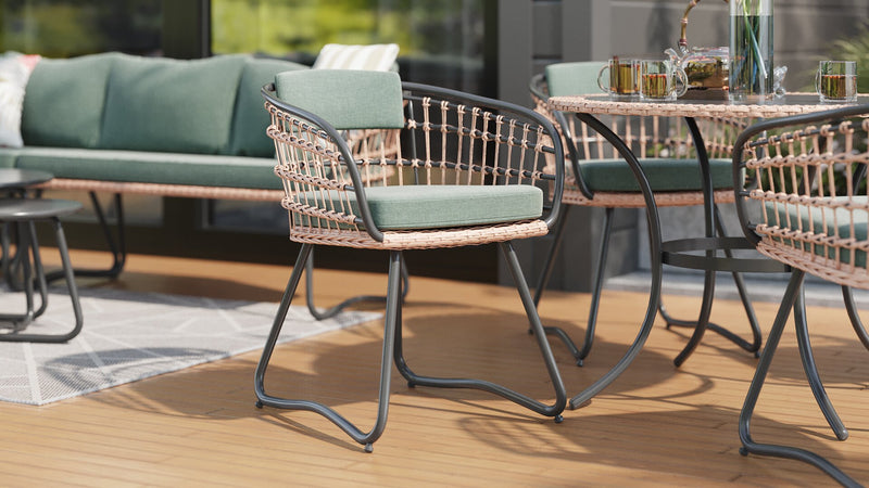 Ensemble Ibiza de Kort & Co. 5 pièces pour la terrasse à l’extérieur avec table ronde et 4 chaises - osier en résine tressé à la main, dessus de table en verre noir, résistant aux rayons UV et aux intempéries - gris foncé, naturel et vert