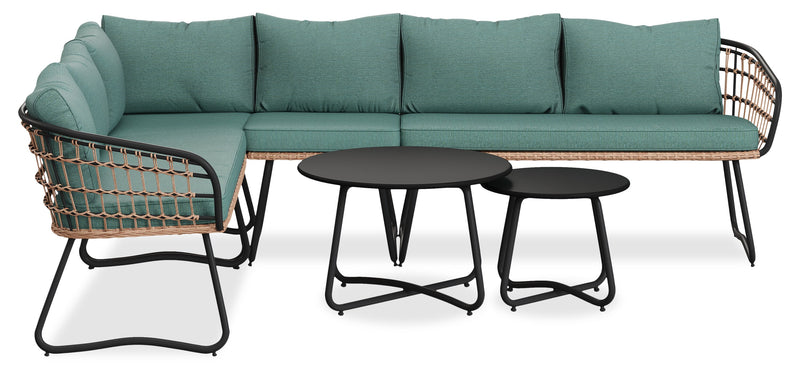 Sofa sectionnel Ibiza de Kort & Co. 6 pièces pour la terrasse à l’extérieur avec sofa sectionnel 4 pièces et 2 tables - osier en résine tressé à la main, résistant aux rayons UV et aux intempéries - gris foncé, naturel et vert