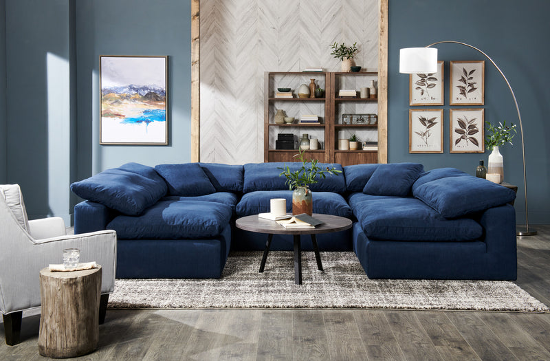 Sofa sectionnel modulaire Eclipse 8 pièces en tissu d’apparence lin avec coussins réversibles en duvet et plumes - bleu marine