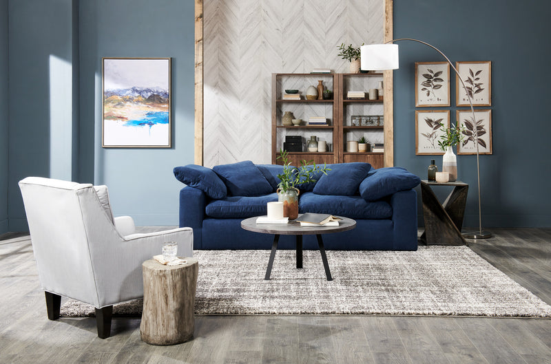 Causeuse modulaire Eclipse de 86 po en tissu d’apparence lin avec coussins réversibles en duvet et plumes - bleu marine
