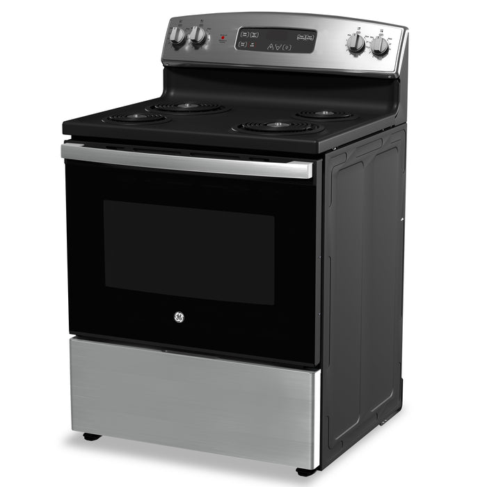 Cuisinière électrique GE de 5 pi³ avec nettoyage standard et 4 brûleurs - acier inoxydable - JCBS350SVSS
