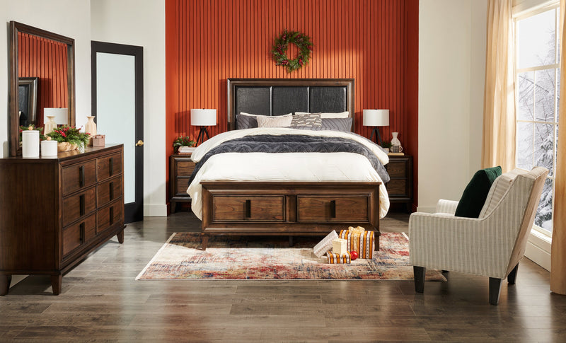 Lit plateforme de rangement Kane en cuir végétalien avec tête de lit et cadre de lit, brun - format grand lit