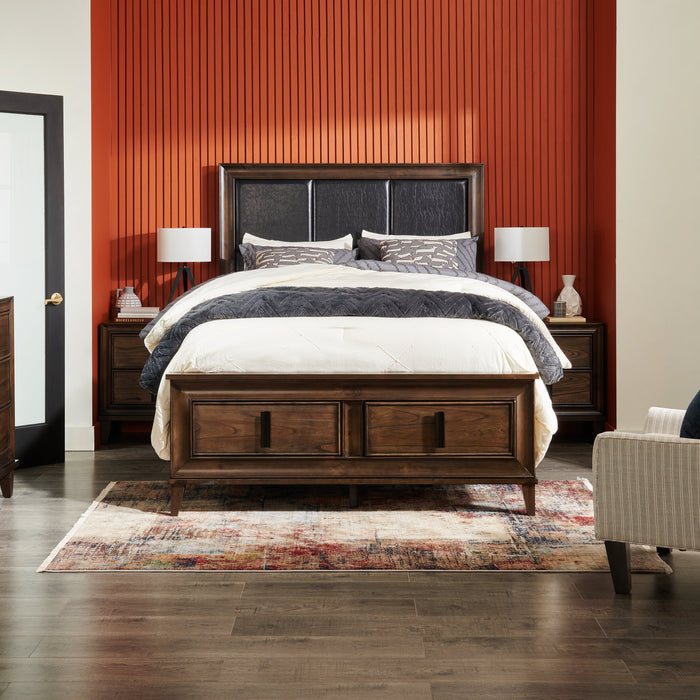 Lit plateforme de rangement Kane en cuir végétalien avec tête de lit et cadre de lit, brun - format grand lit