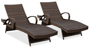 Ensemble de 2 chaises longues Kelowna pour la terrasse à l’extérieur - osier en résine, résistant aux rayons UV et aux intempéries - brun