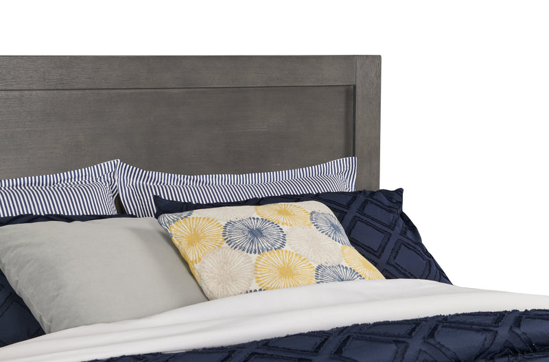 Lit plateforme de rangement Koda en bois avec tête de lit et cadre de lit, gris - format grand lit