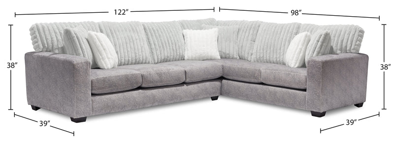 Sofa sectionnel de droite Koda 2 pièces fabriqué au Canada en tissu de chenille avec coussins réversibles - gris Paloma luxueux