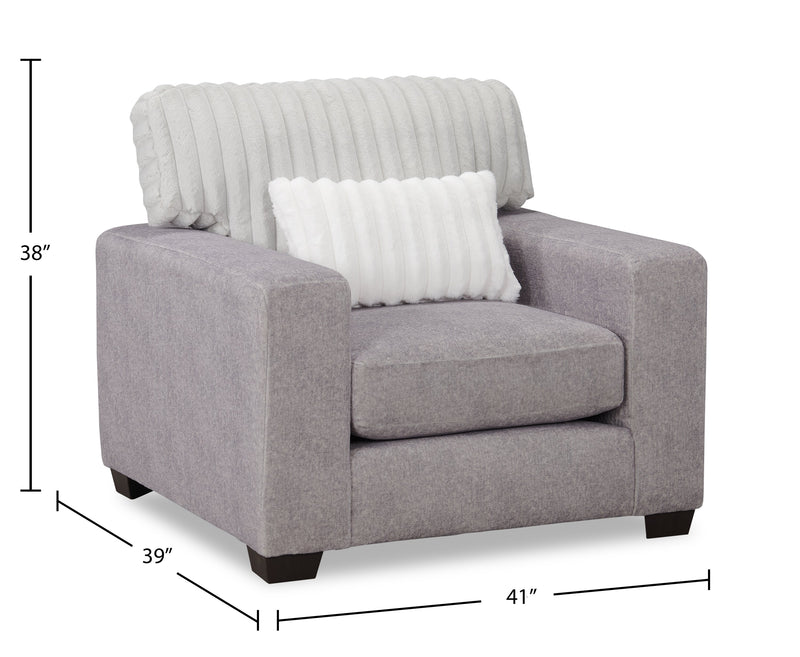 Fauteuil Koda de 41 po fabriqué au Canada en tissu de chenille et de fausse fourrure avec coussins amovibles - gris Paloma luxueux