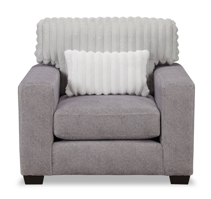 Fauteuil Koda de 41 po fabriqué au Canada en tissu de chenille et de fausse fourrure avec coussins amovibles - gris Paloma luxueux