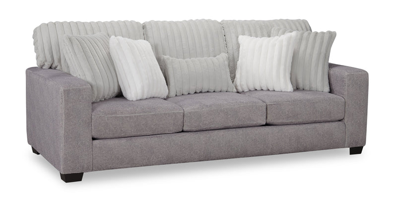 Sofa Koda de 92 po fabriqué au Canada en tissu de chenille et de fausse fourrure avec coussins amovibles - gris Paloma luxueux