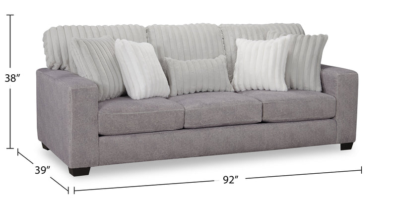 Sofa Koda de 92 po fabriqué au Canada en tissu de chenille et de fausse fourrure avec coussins amovibles - gris Paloma luxueux