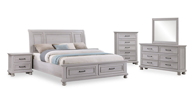 Lit plateforme de rangement Kylie sable avec tête de lit et cadre de lit - format très grand lit