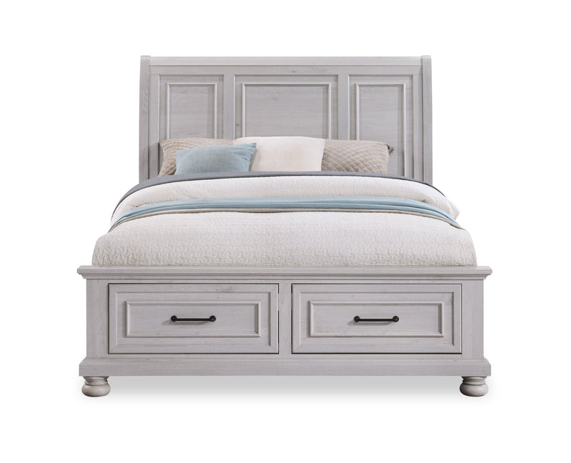 Ensemble de chambre à coucher Kylie 6 pièces sable avec lit de rangement, commode, miroir et table de nuit - format grand lit