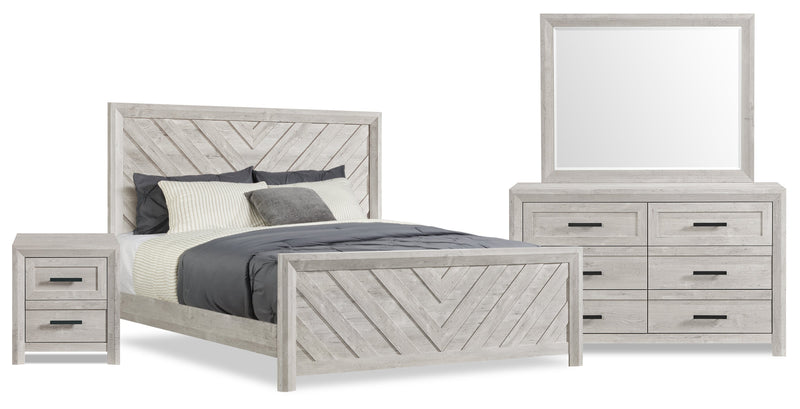 Ensemble de chambre à coucher Lark 6 pièces blanc rustique avec lit à panneaux, commode, miroir et table de nuit - format très grand lit