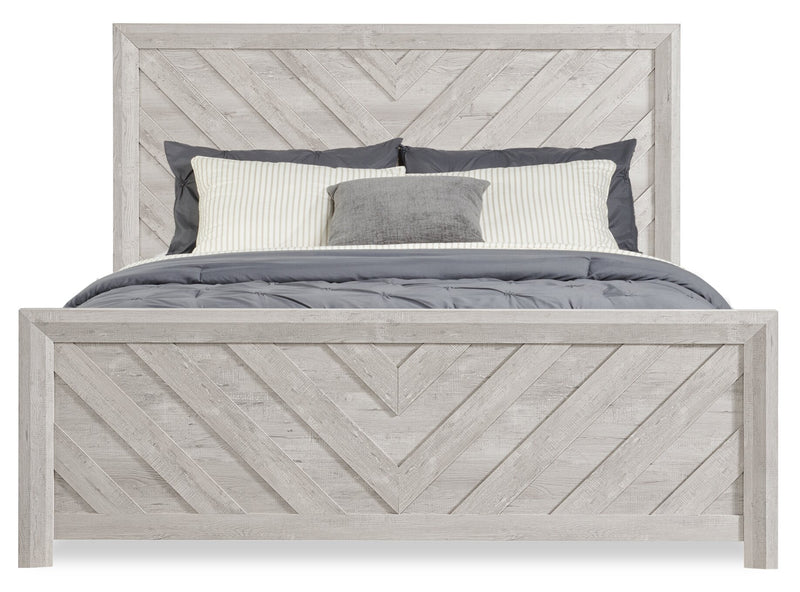 Ensemble de chambre à coucher Lark 6 pièces blanc rustique avec lit à panneaux, commode, miroir et table de nuit - format très grand lit