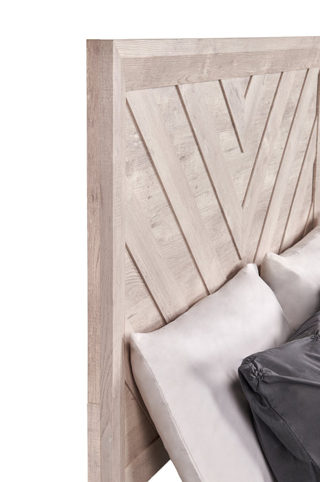 Lit à panneaux Lark blanc rustique avec tête de lit, cadre et motif de chevrons - format grand lit