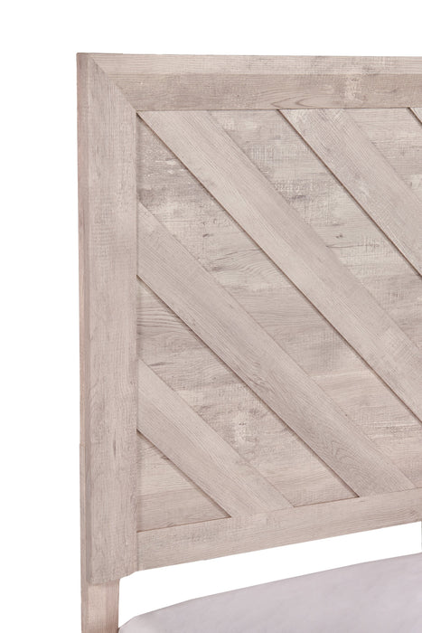 Lit à panneaux Lark blanc rustique avec tête de lit, cadre et motif de chevrons - format grand lit