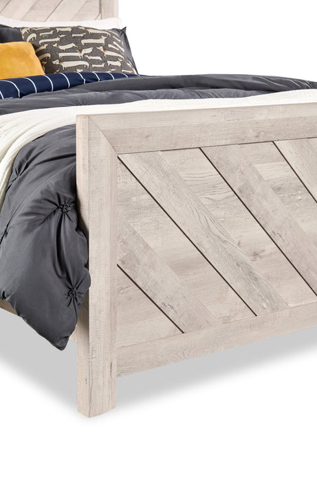 Lit à panneaux Lark blanc rustique avec tête de lit, cadre et motif de chevrons - format grand lit