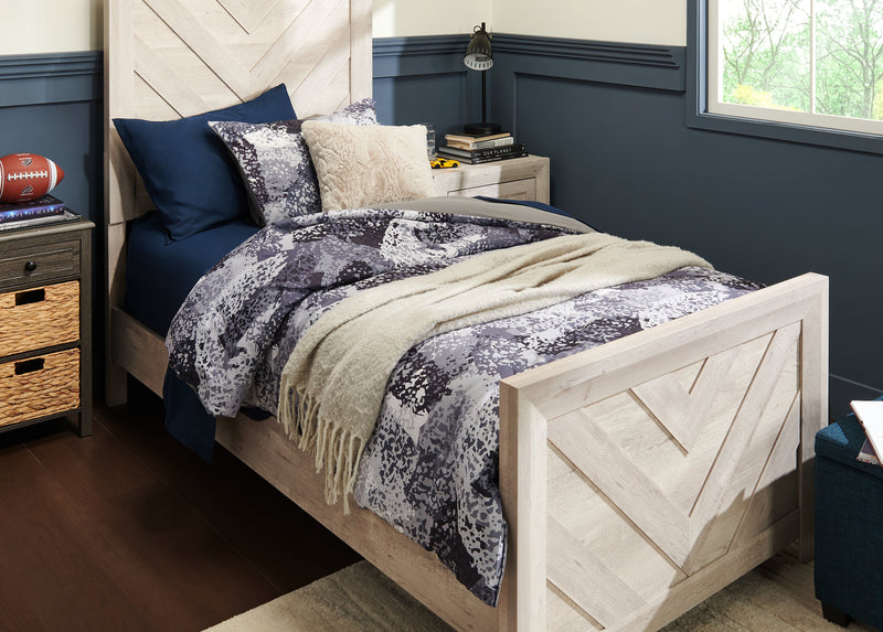 Lit à panneaux Lark blanc rustique pour enfants avec tête de lit, cadre et motif de chevrons - format lit simple