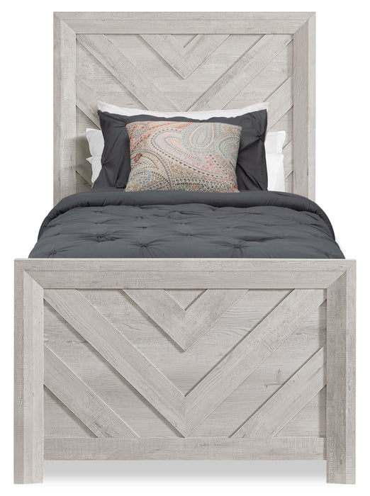 Ensemble de chambre à coucher Lark 6 pièces blanc rustique avec lit à panneaux, commode, miroir et table de nuit - format lit simple