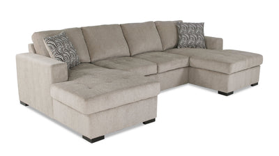 Made in Canada Legend 3-Piece Chenille Fabric Sleeper Sectional with Two Storage Chaises - Platinum Beige | Sofa-lit sectionnel Legend 3 pièces fabriqué au Canada en tissu de chenille avec 2 fauteuils longs de rangement - beige platine