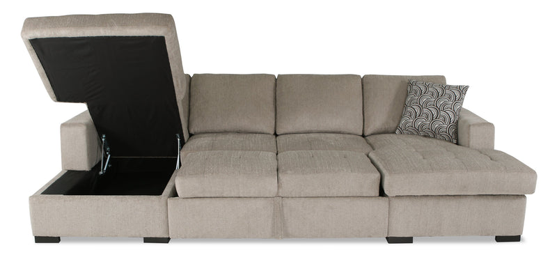 Sofa-lit sectionnel Legend 3 pièces fabriqué au Canada en tissu de chenille avec 2 fauteuils longs de rangement - beige platine