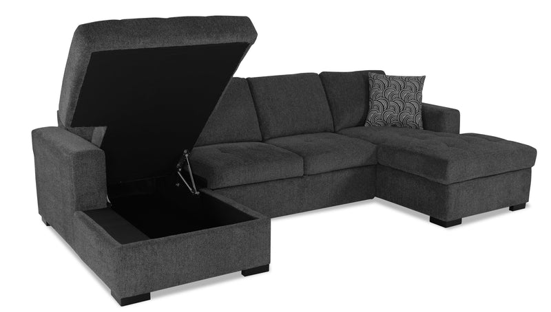 Sofa-lit sectionnel Legend 3 pièces fabriqué au Canada en tissu de chenille avec 2 fauteuils longs de rangement - gris poivre