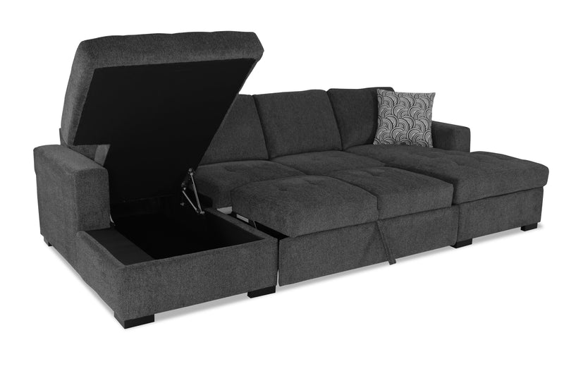 Sofa-lit sectionnel Legend 3 pièces fabriqué au Canada en tissu de chenille avec 2 fauteuils longs de rangement - gris poivre