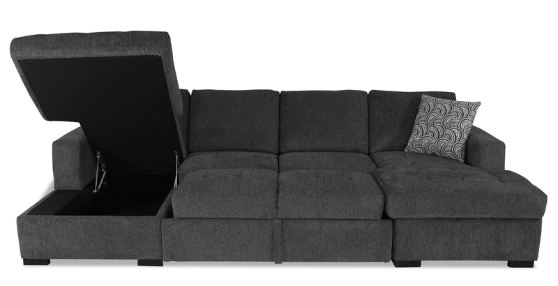 Sofa-lit sectionnel Legend 3 pièces fabriqué au Canada en tissu de chenille avec 2 fauteuils longs de rangement - gris poivre