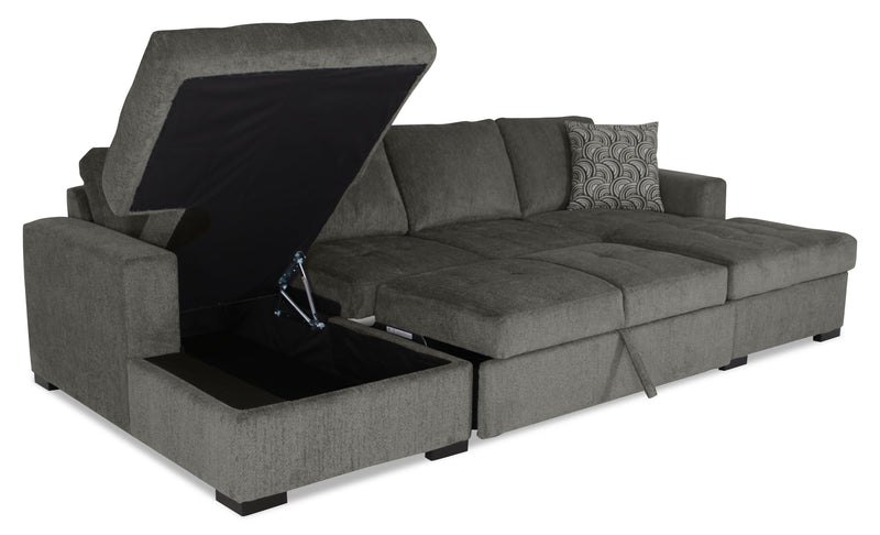 Sofa-lit sectionnel Legend 3 pièces fabriqué au Canada en tissu de chenille avec 2 fauteuils longs de rangement - brun étain