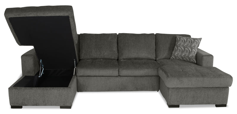 Sofa-lit sectionnel Legend 3 pièces fabriqué au Canada en tissu de chenille avec 2 fauteuils longs de rangement - brun étain