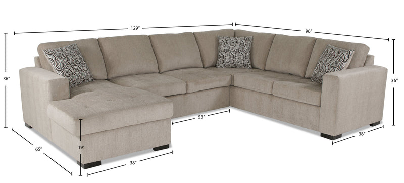 Sofa-lit sectionnel de gauche Legend 3 pièces fabriqué au Canada en tissu de chenille avec fauteuil long de rangement - beige platine