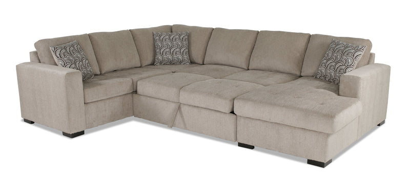 Sofa-lit sectionnel de droite Legend 3 pièces fabriqué au Canada en tissu de chenille avec fauteuil long de rangement - beige platine
