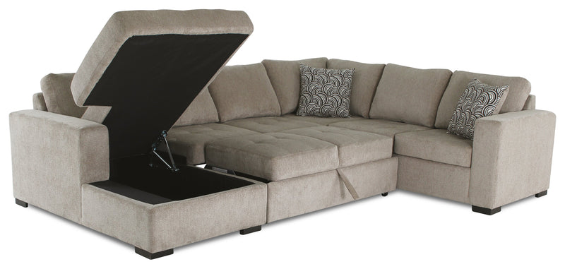 Sofa-lit sectionnel de gauche Legend 4 pièces fabriqué au Canada en tissu de chenille avec fauteuil long de rangement - beige platine