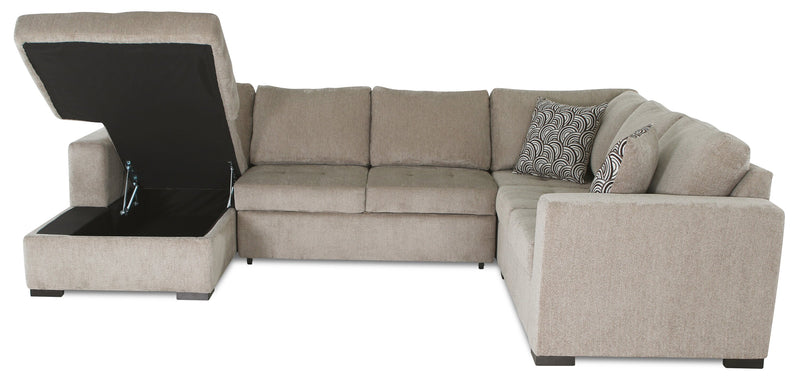 Sofa-lit sectionnel de gauche Legend 4 pièces fabriqué au Canada en tissu de chenille avec fauteuil long de rangement - beige platine
