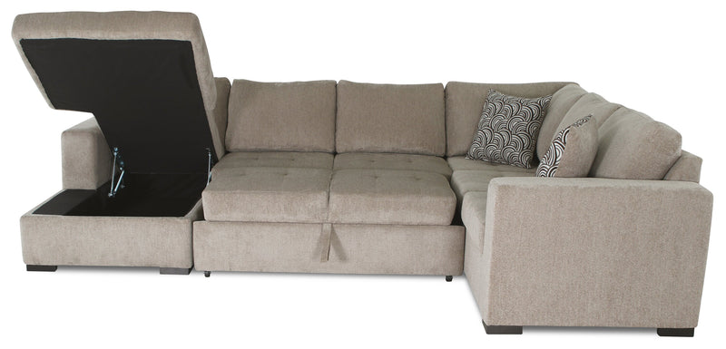 Sofa-lit sectionnel de gauche Legend 4 pièces fabriqué au Canada en tissu de chenille avec fauteuil long de rangement - beige platine