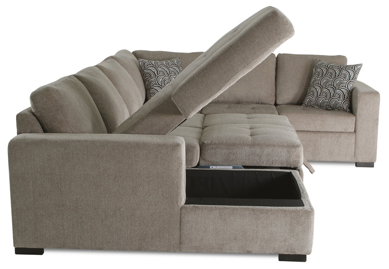 Sofa-lit sectionnel de gauche Legend 4 pièces fabriqué au Canada en tissu de chenille avec fauteuil long de rangement - beige platine