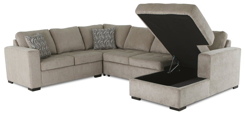 Sofa-lit sectionnel de droite Legend 4 pièces fabriqué au Canada en tissu de chenille avec fauteuil long de rangement - beige platine