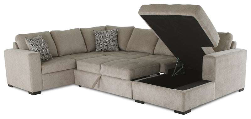 Sofa-lit sectionnel de droite Legend 4 pièces fabriqué au Canada en tissu de chenille avec fauteuil long de rangement - beige platine