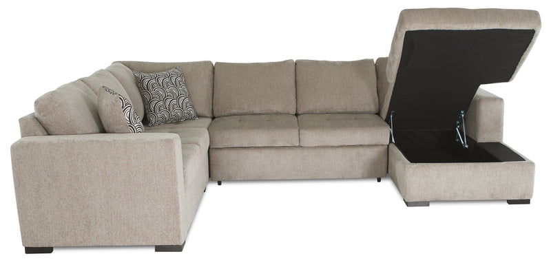 Sofa-lit sectionnel de droite Legend 4 pièces fabriqué au Canada en tissu de chenille avec fauteuil long de rangement - beige platine