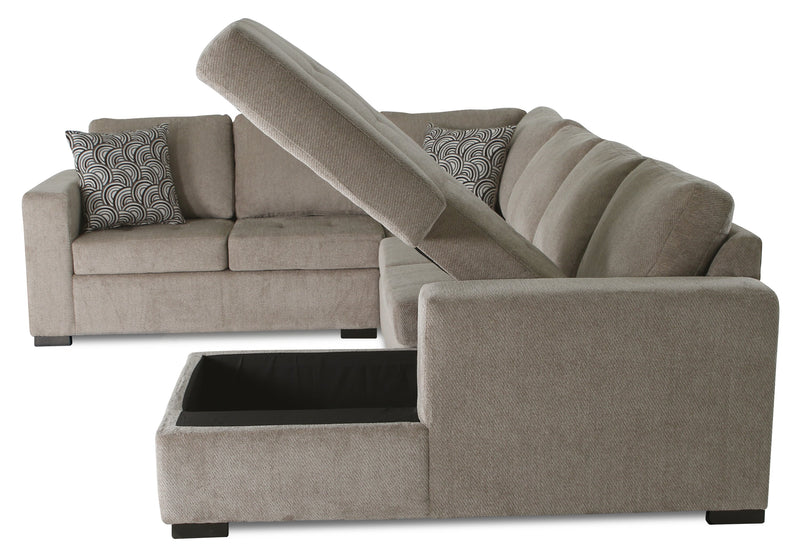 Sofa-lit sectionnel de droite Legend 4 pièces fabriqué au Canada en tissu de chenille avec fauteuil long de rangement - beige platine