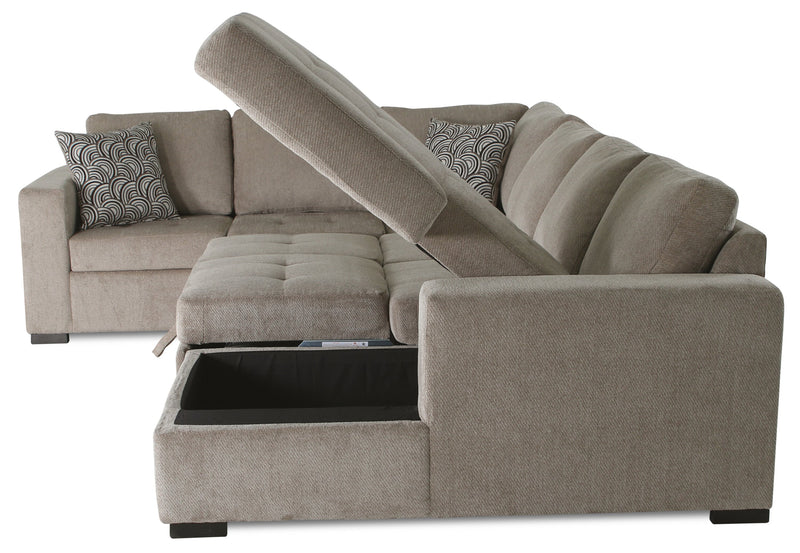 Sofa-lit sectionnel de droite Legend 4 pièces fabriqué au Canada en tissu de chenille avec fauteuil long de rangement - beige platine