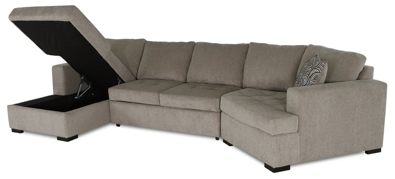 Sofa-lit sectionnel enveloppant de droite Legend 3 pièces fabriqué au Canada en tissu de chenille avec fauteuil long - beige platine