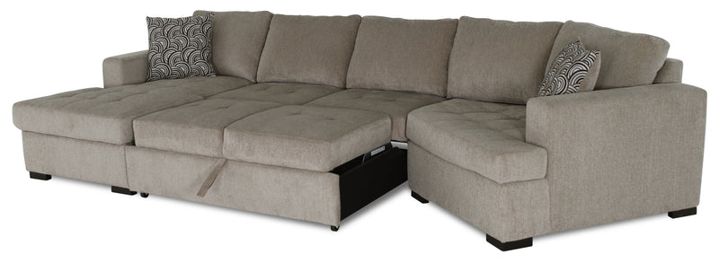 Sofa-lit sectionnel enveloppant de droite Legend 3 pièces fabriqué au Canada en tissu de chenille avec fauteuil long - beige platine