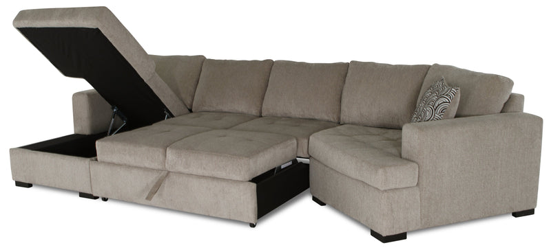 Sofa-lit sectionnel enveloppant de droite Legend 3 pièces fabriqué au Canada en tissu de chenille avec fauteuil long - beige platine